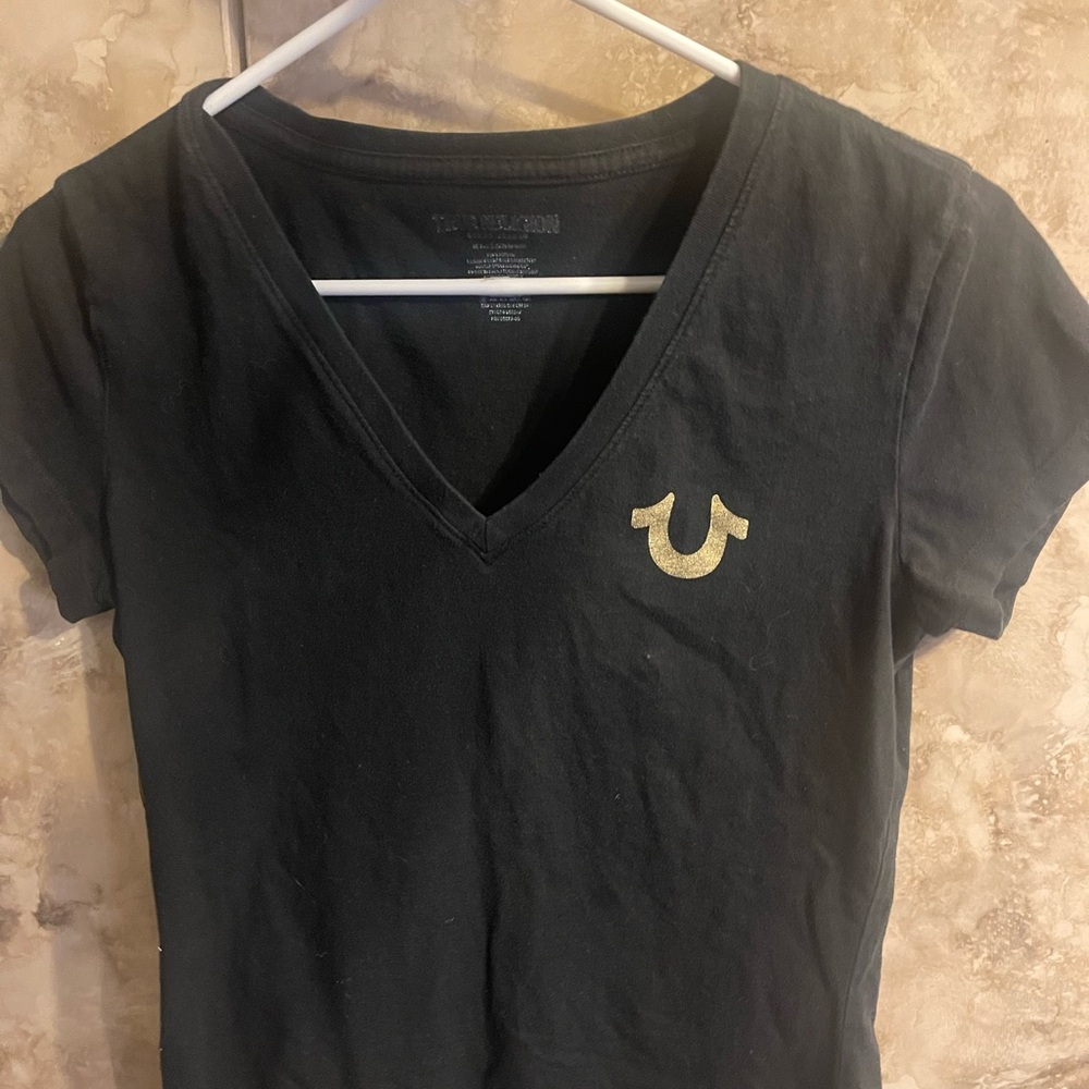 Black V-Neck T-Shirt with Gold Logo Small